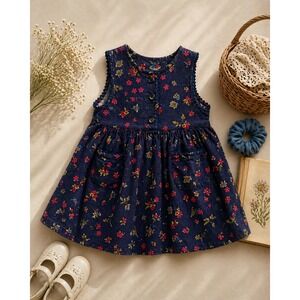 Vtg McKids Navy Blue Corduroy Floral Autumn Bouquet‎ Jumper Dress Toddler 3T 90s